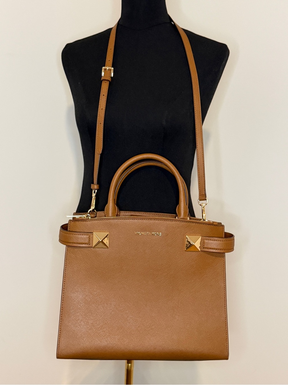 Michael Kors Camel Brown Leather Satchel with Top Handles & Strap